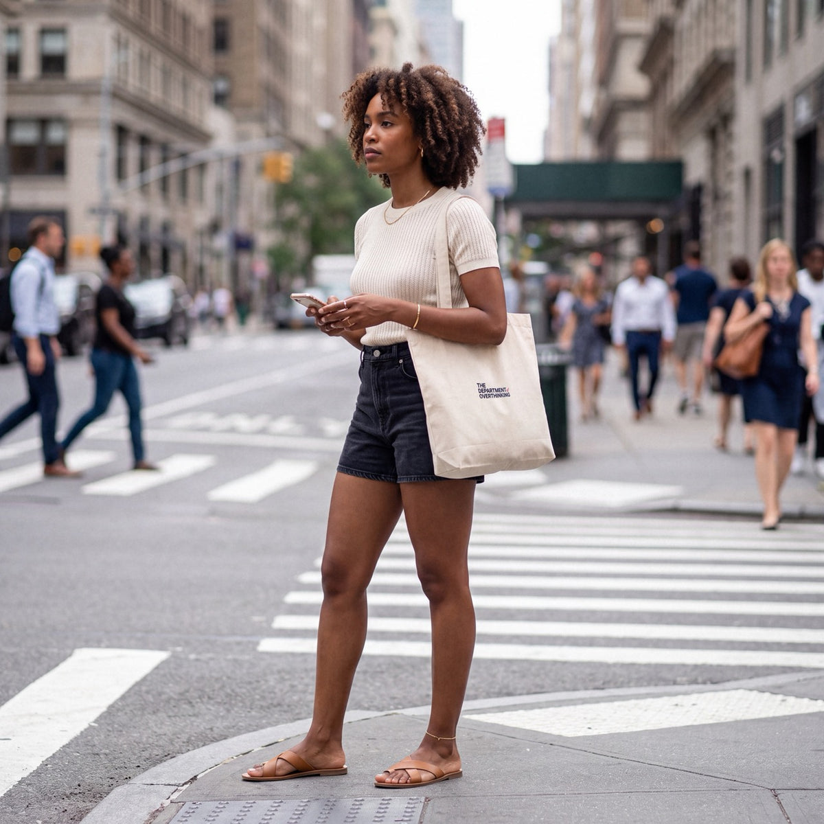Woman carrying a Natural Raw Department of Overthinking embroidered tote bag on a city street