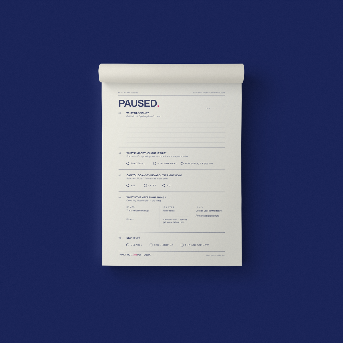 PAUSED. guided A5 notepad sheet on a navy background