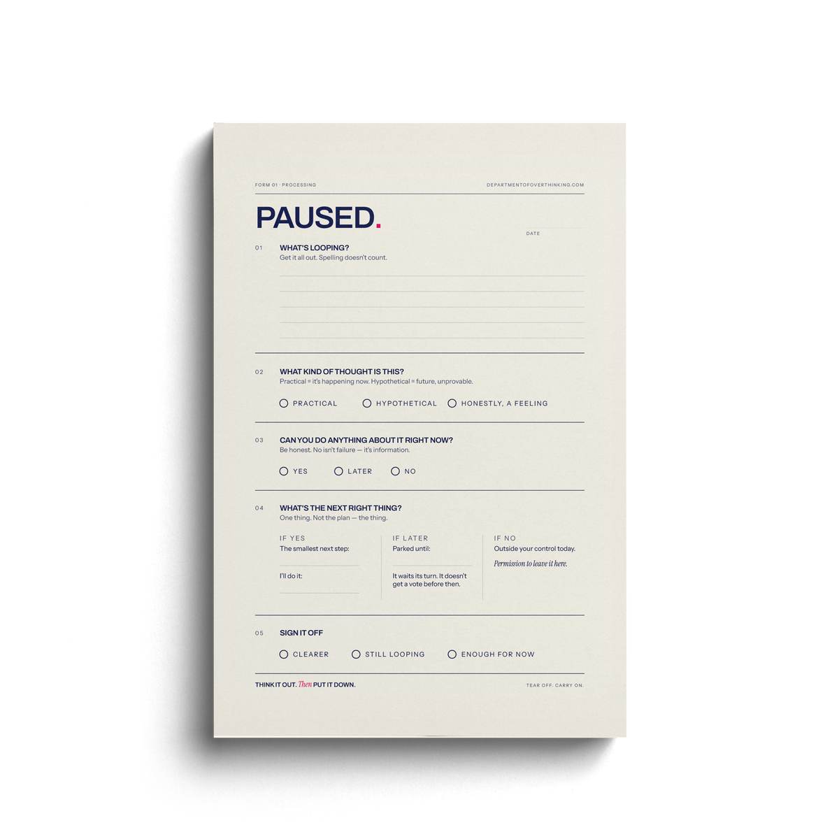 The physical PAUSED. thinking pad with five annotated questions