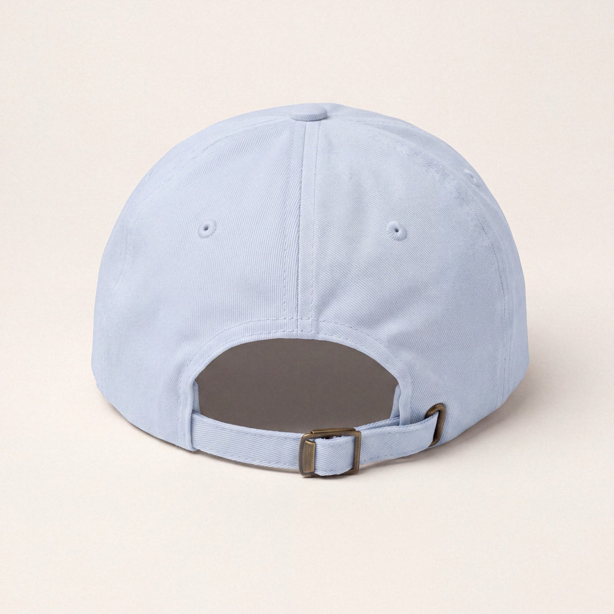 Back view of light blue embroidered baseball cap with adjustable strap