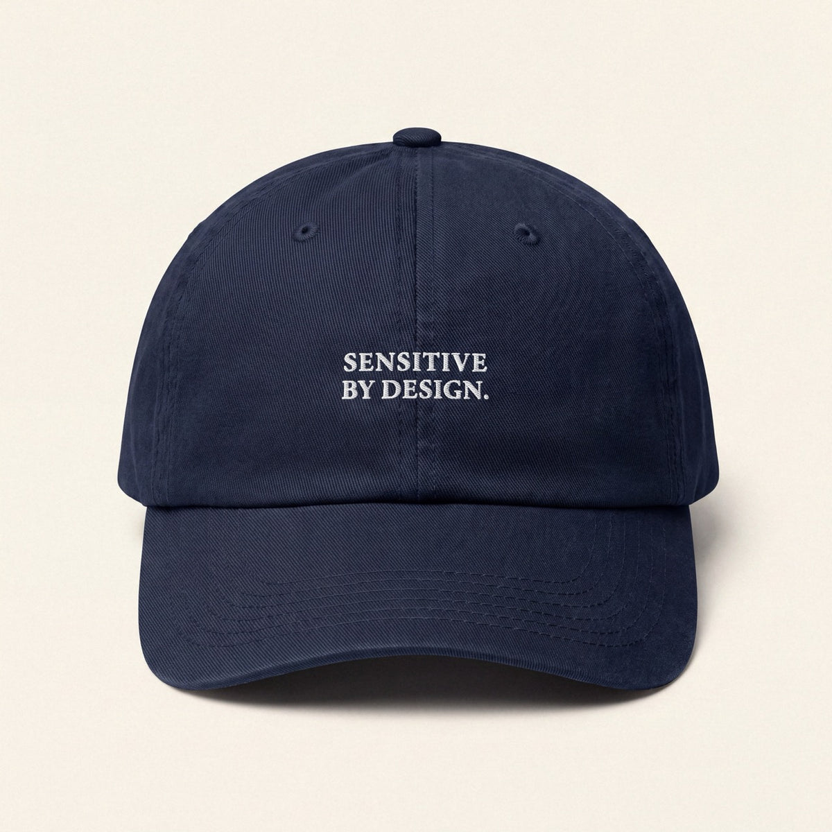 Navy embroidered Department of Overthinking baseball cap front view