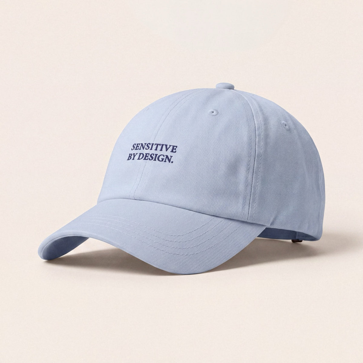 Light blue Department of Overthinking embroidered baseball cap angled side view