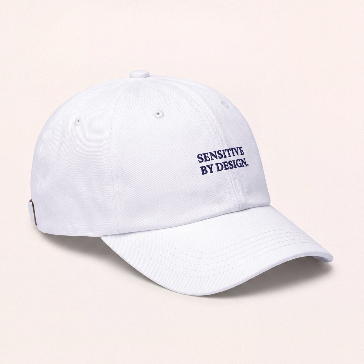 White Department of Overthinking embroidered baseball cap angled side view